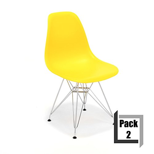 Pack von 2 Stühle Tower replica Eames, hochwertige Polypropylen und Füße Stahl – Weiß gelb