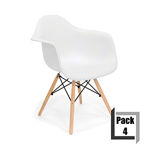 Pack von 4 Stühle Tower Wood Replica Eames, hochwertige Polypropylen und Holz Buche – Arme weiß