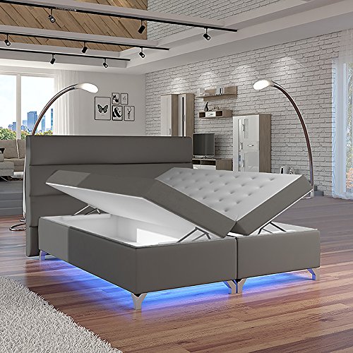 Luciano – Doppelbett / Boxspringbett in Grau mit Bettkasten RGB-LED und Farbwechsel Funktion (160x200 cm)