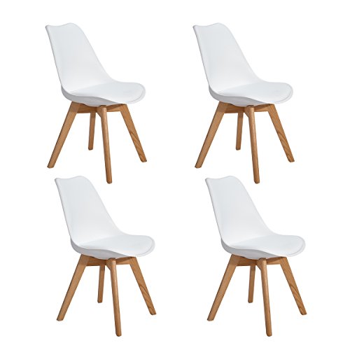 EGGREE 4er Set Esszimmerstühle mit Massivholz Eiche Bein, Retro Design Gepolsterter lStuhl Küchenstuhl Holz, Weiß