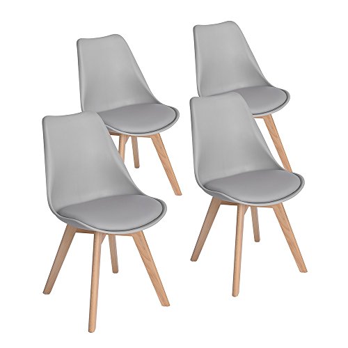EGGREE 4er Set Esszimmerstühle mit Massivholz Buche Bein, Retro Design Gepolsterter lStuhl Küchenstuhl Holz, Grau