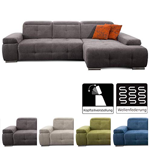 CAVADORE Ecksofa Mistrel mit Longchair XL rechts / Große Eck-Couch im modernen Design / Inkl. verstellbaren Kopfteilen / Wellenunterfederung / 273 x 77 x 173 / Kati Fango