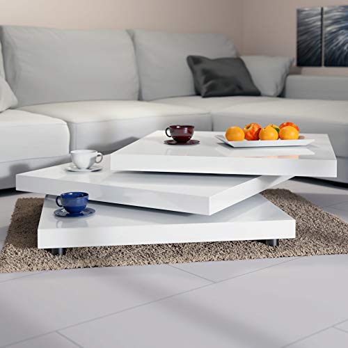 Deuba Couchtisch Wohnzimmertisch Hochglanz Beistelltisch Tisch Sofatisch Tischplatte 360° drehbar 60 x 60 cm - Weiß